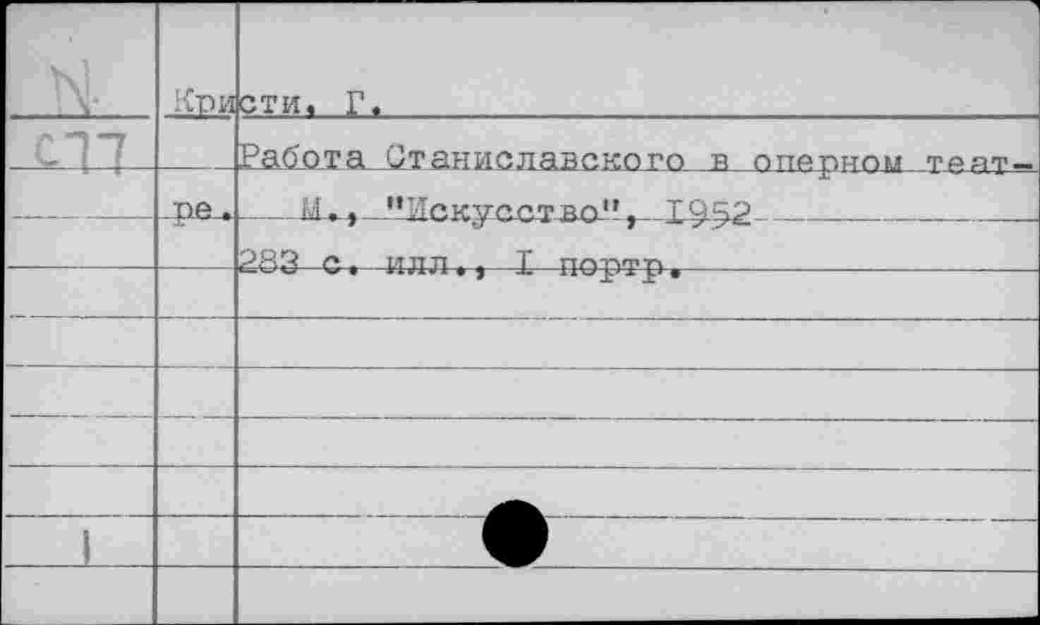 ﻿		Кри	сти. Г.
л			Работа Станиславского в оперном теат-
			Ж« 11 Ис кус ст во1*. ±952
			?ЯЗ с • илл * . Г потугт! .
			
			
			
			
			
			
			